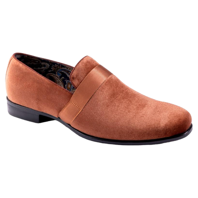 Cognac Velvet Men's Shoe Slip-on with a satin ribbon Loafer