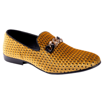 Montique Men's Gold Velvet Material Slip-on Shoe Gold Chain Fashion Design