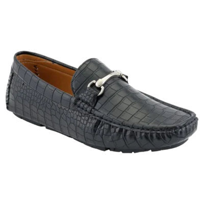 Men's Black Leather Luxury style Loafer Sliver Buckle Croc Design Leather