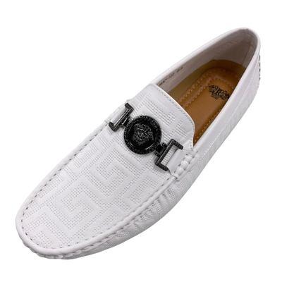 Royal Men's driver white loafer with metal buckle printed leather