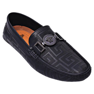 Black men's driver metal buckle printed leather loafer made by royal shoes