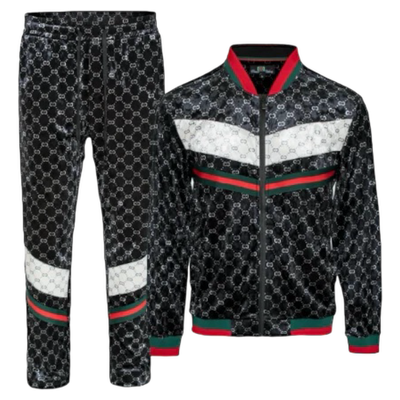 Premium GG Men's Black Velvet Jogging Set Jacket and Pants Red and Green Strip SPV-712