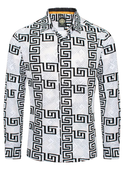 White and Black Men's Greek Key Design Long Sleeves Shirt Style No-1876