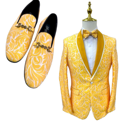 Gold Paisley Men's Blazer Luxury Design Shall Lapel Slim-Fit with Bowtie