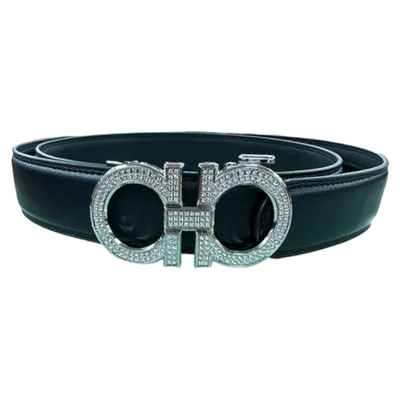 Black Men's Belt Ferrga Silver Buckle with Glitter Stones Luxury Design