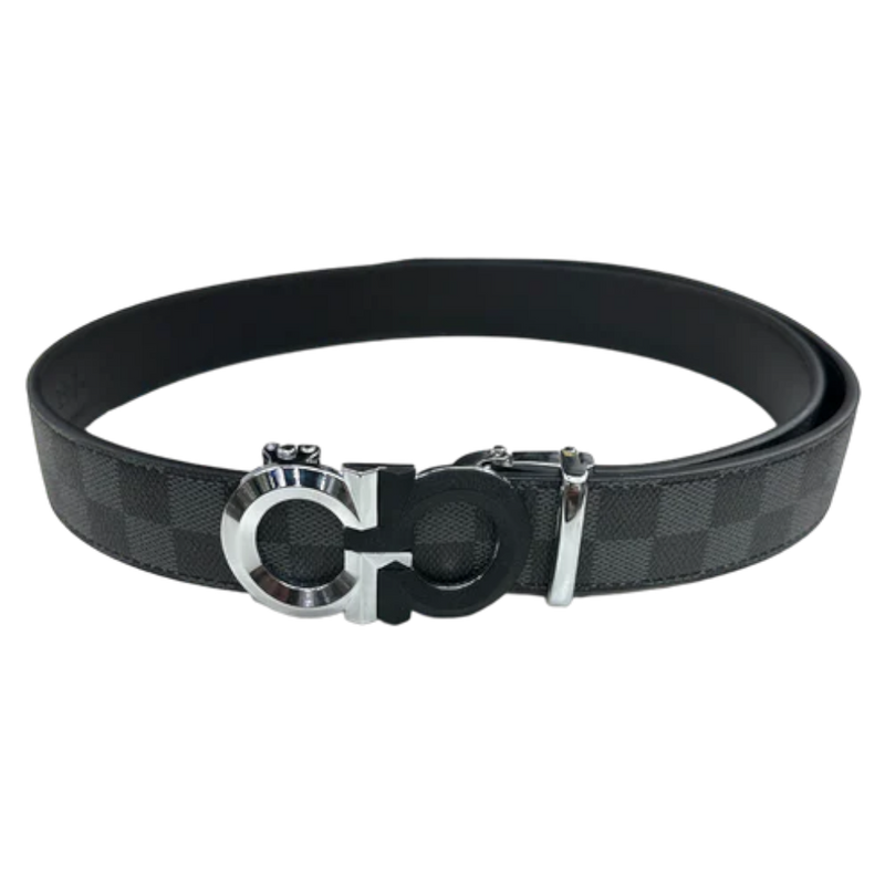 Black and Grey Men’s plaid pattern Genuine Leather Belt Silver and Black Buckle