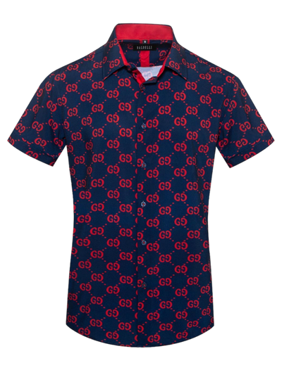 Blue and Red GG Men's Short Sleeve Graphic Fashion Design Casual Shirt