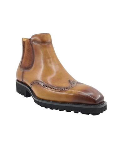 Carrucci cognac men's pull on boots wingtip fashion design Genuine Leather boot