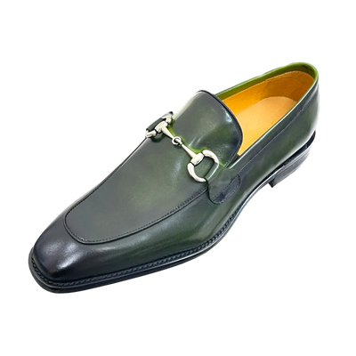Carrucci Olive Genuine Leather Men's Slip On Dress Shoes Silver Buckle