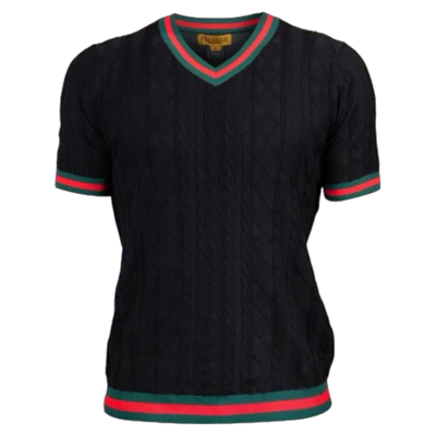 Prestige Black V-neck T-shirt red and green trim around the sleeve and collar
