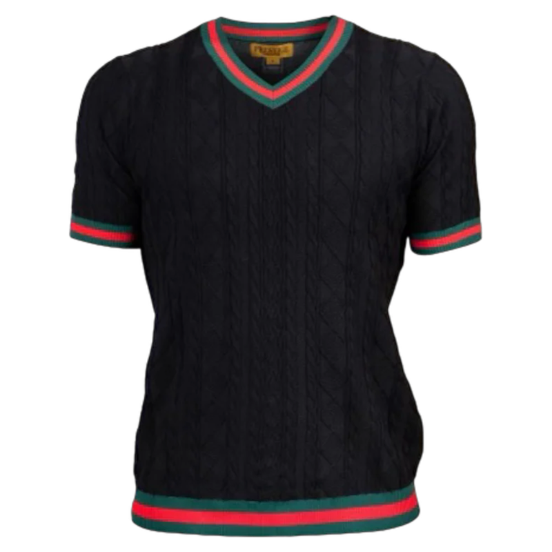 Prestige Black V-neck T-shirt red and green trim around the sleeve and collar