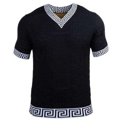 Prestige Black Men's V-Neck T-Shirts Greek key Collar and Sleeve Style CMK-232 Black