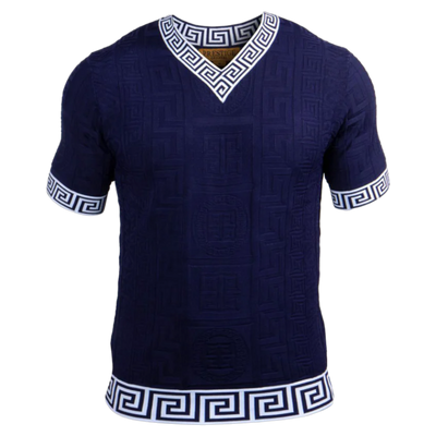 Prestige Blue V-Neck T-Shirts Greek key Collar and Sleeve Style CMK-232 Blue
