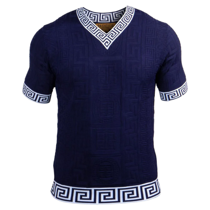 Prestige Blue V-Neck T-Shirts Greek key Collar and Sleeve Style CMK-232 Blue