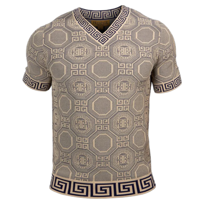 Prestige beige and blue men's v-neck t-shirts greek key trim around the Collar and Sleeves