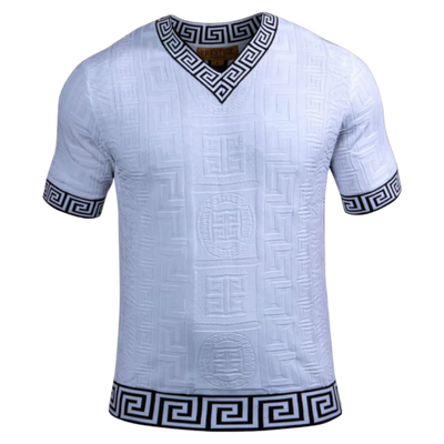 Prestige white men's v-neck t-shirts greek key trim around the Collar and Sleeve