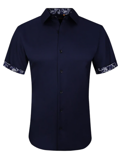 Men's navy blue short sleeve shirts stretch material cuff on the sleeves