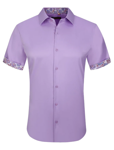 Men's purple lilac short sleeve casual shirts stretch material fancy design on the sleeves