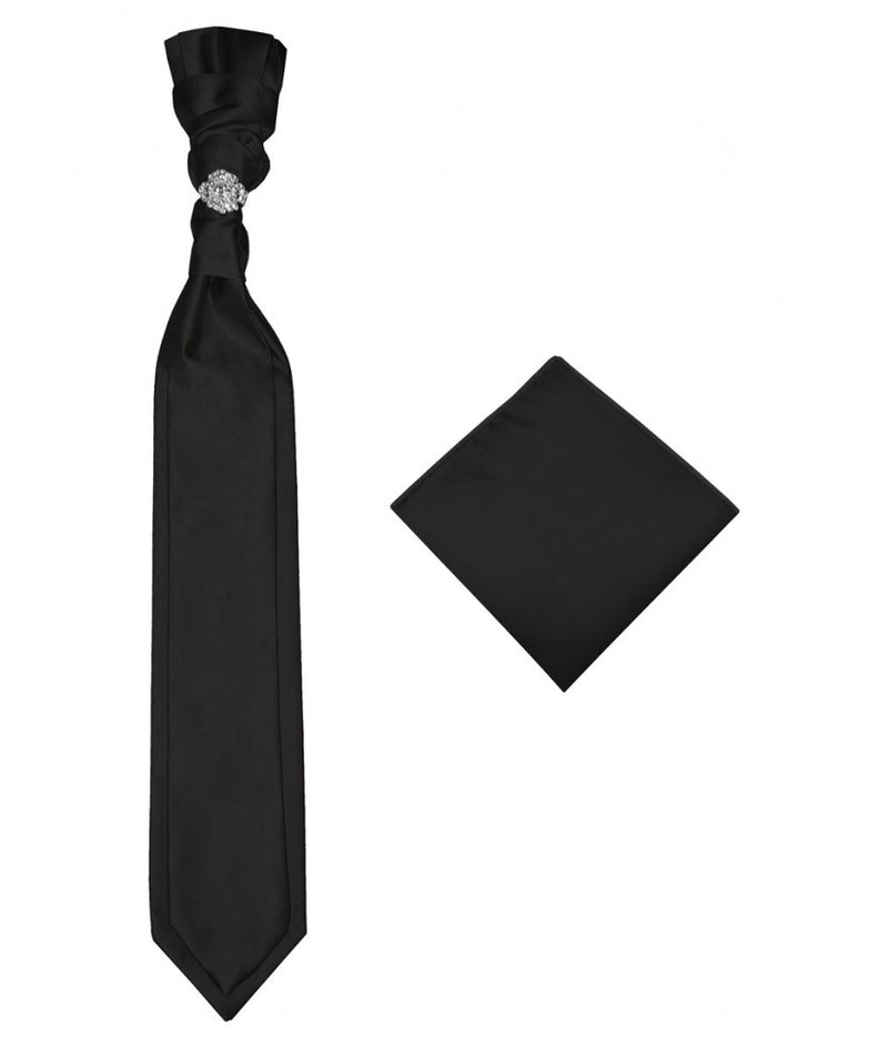 Black Fashion Design Necktie Cravat with Sliver Diamonds Ring and Handkerchief Set