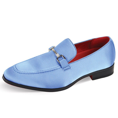 Men's Sky Blue Formal Satin Material Slip-On Loafer Dress Shoes Sliver Buckle Style no-7018
