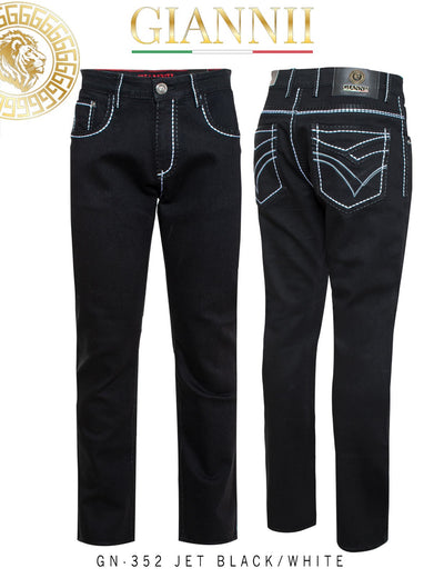 Giannii Jet Black Men's Slim-Fit Jeans with White Stitches