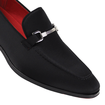 Men's Black Formal Dress Satin Material Slip-On Shoes Sliver Buckle Style No-7018