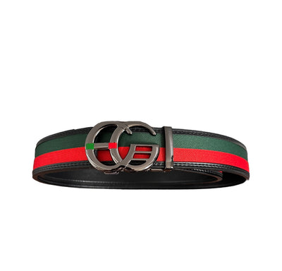 Men's Black Luxury Design Belt Genuine Leather Green and Red Stripe