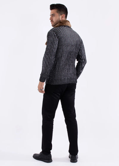 Men's Black Pullover Sweater Fur Collar Fashion Design Style No-235100