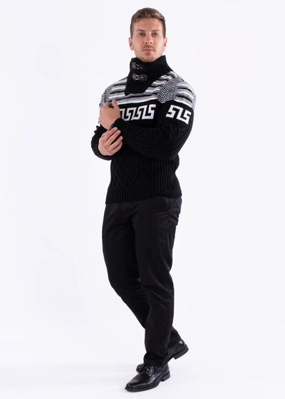 Men's Black and White Turtleneck Pullover Sweater Greek Key Style No-235131
