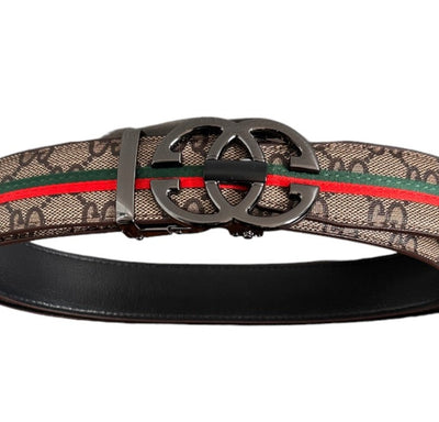 Men's Brown Printed Luxury Belt Genuine Leather G Buckle Green and Red Stripe