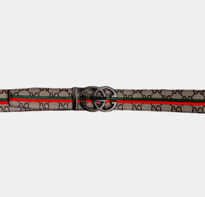 Men's Brown Printed Luxury Belt Genuine Leather G Buckle Green and Red Stripe