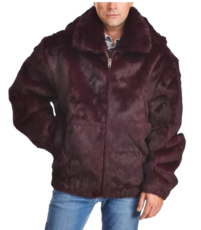 Men's Burgundy Fur Coat genuine Rabbit Fur Detachable Hooded