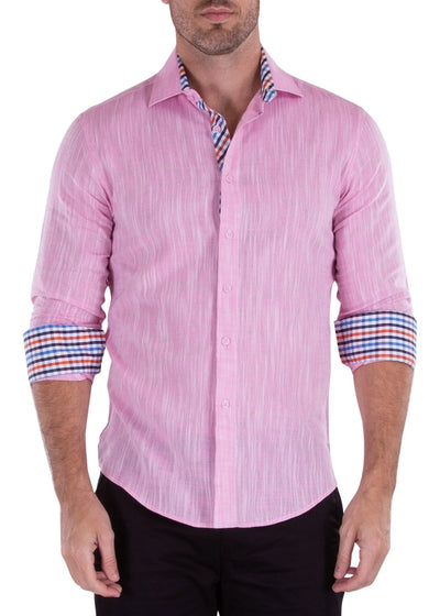 Men's Essentials Classic Solid Pink Linen Long Sleeve Style No-202238