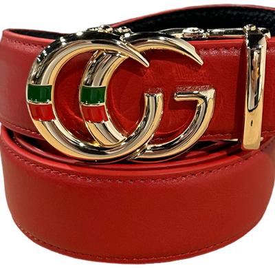 Men's GG Gold Buckle Red Leather Belt Luxury Style Red and Green Strip