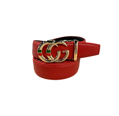 Men's GG Gold Buckle Red Leather Belt Luxury Style Red and Green Strip