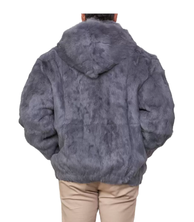Men's Grey Fur Coat genuine Rabbit fur Detachable Hooded