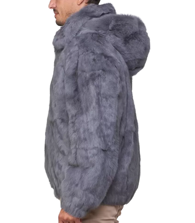 Men's Grey Fur Coat genuine Rabbit fur Detachable Hooded