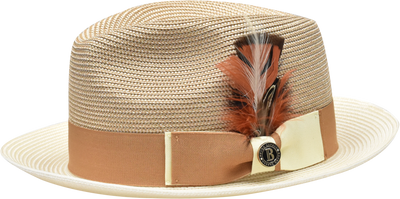 Men's Ivory and Cognac Georgio Collection 2-Tone Straw Fedora Hat by Bruno Capelo
