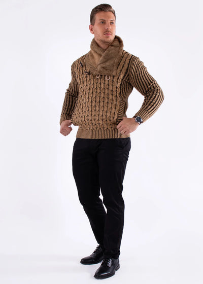 Men's Khaki Pullover Sweater Fur Collar Fashion Design Style No-235100 Beige