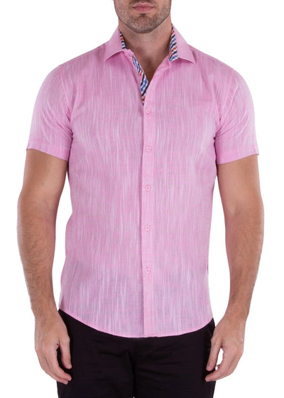 Pink Linen Short Sleeve Button-Up Shirt Modern-FIT Style No-202120