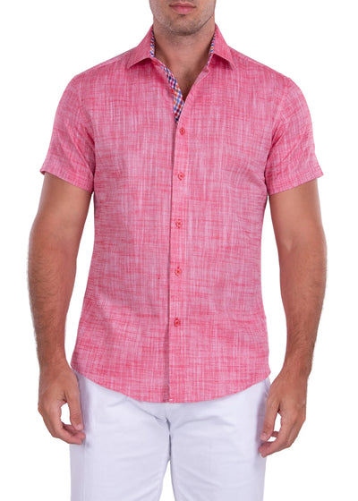 Men's Red Linen Short Sleeve Button-Up Shirt Modern-FIT Style No-202120