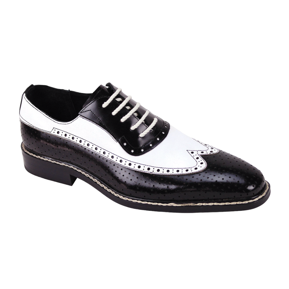 Men's Two-Tone Black and White Wingtip Genuine Leather Dress Shoes