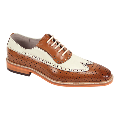 Men's Two-Tone Cognac and Cream Wingtip Genuine Leather Dress Shoes