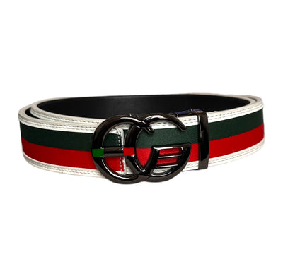Men's White Luxury Design Belt Genuine Leather Green and Red Stripe