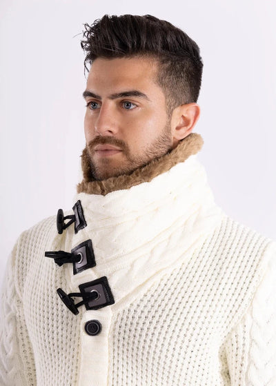 Men's White Sweaters with Fur Turtleneck Jacket Winter Cardigan