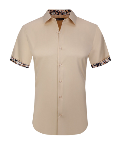 Men's khaki shirt short sleeves tan shirts paisley cuff on the sleeves