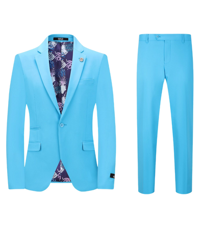 Men's turquoise slim fit satin cotton stretch fabric suit one button notch lapel flat front pants