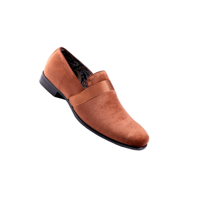 Cognac Velvet Men's Shoe Slip-on with a satin ribbon Loafer