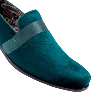 Emerald Green Velvet Men's Shoe Slip-on with a satin ribbon Loafer