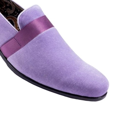 Lavender Velvet Men's Shoe Slip-on with a Satin Ribbon Tuxedo Loafers